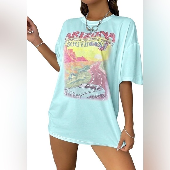 NEW Women’s OverSized Retro Pastel Blue Car Arizona Cowboy 🤠 T-Shirt | Size 4X - Picture 3 of 9